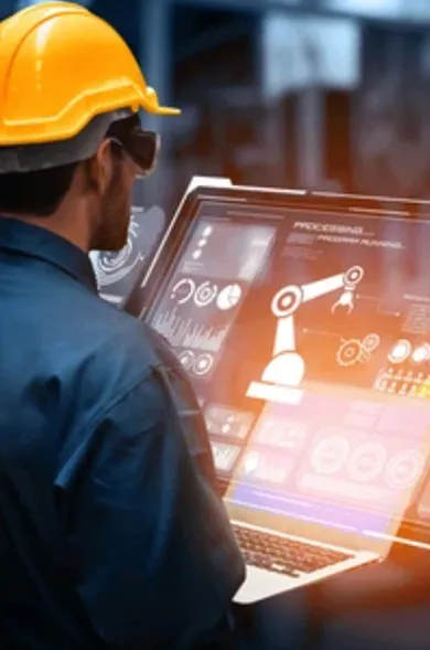 a construction engineer looks at a large display illustrating a robotic arm and various measurements