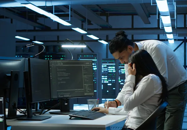 a woman sits at a desk while a man stands behind her showing her something on a computer in server room