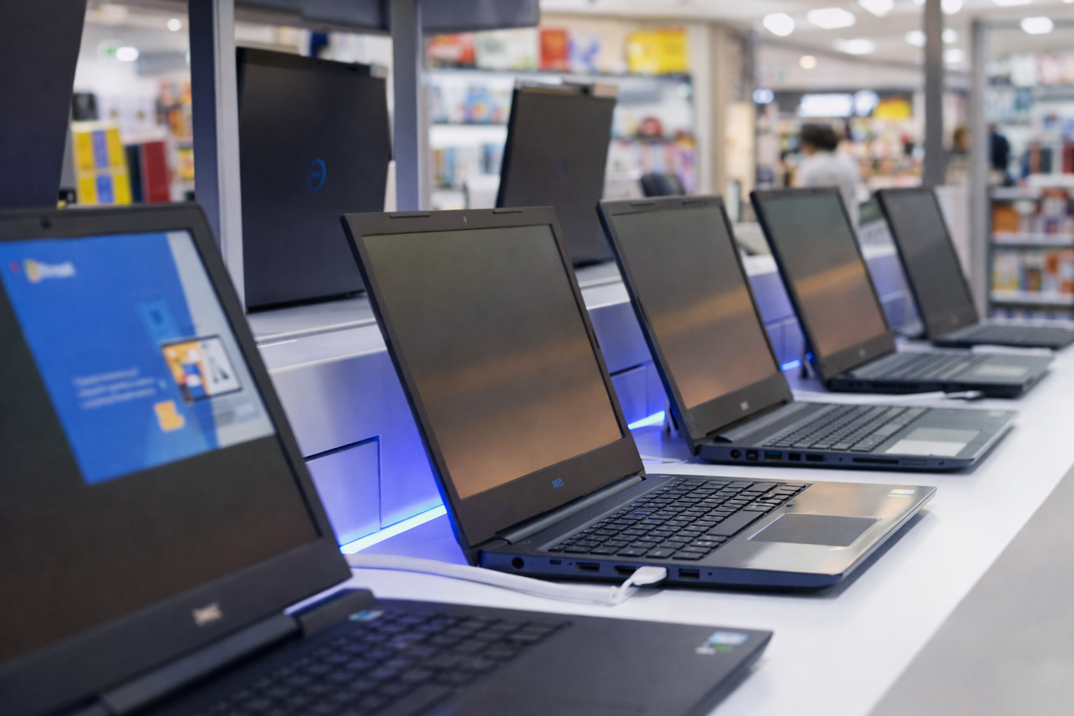 Laptops on display at electronics store